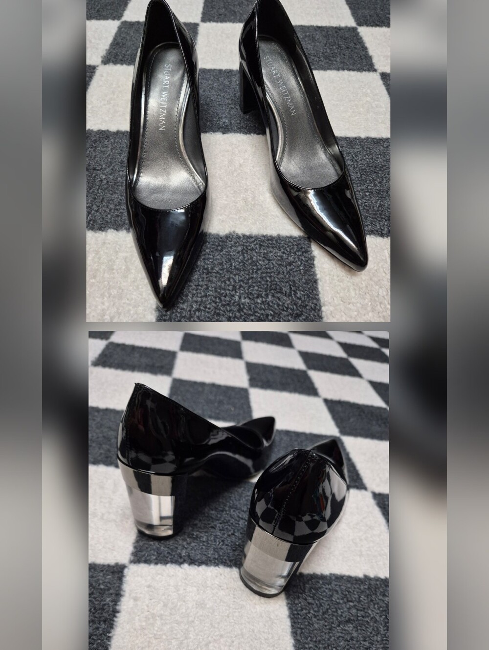 Stuart Weitzman Black Patent Pumps with Silver Block Heel